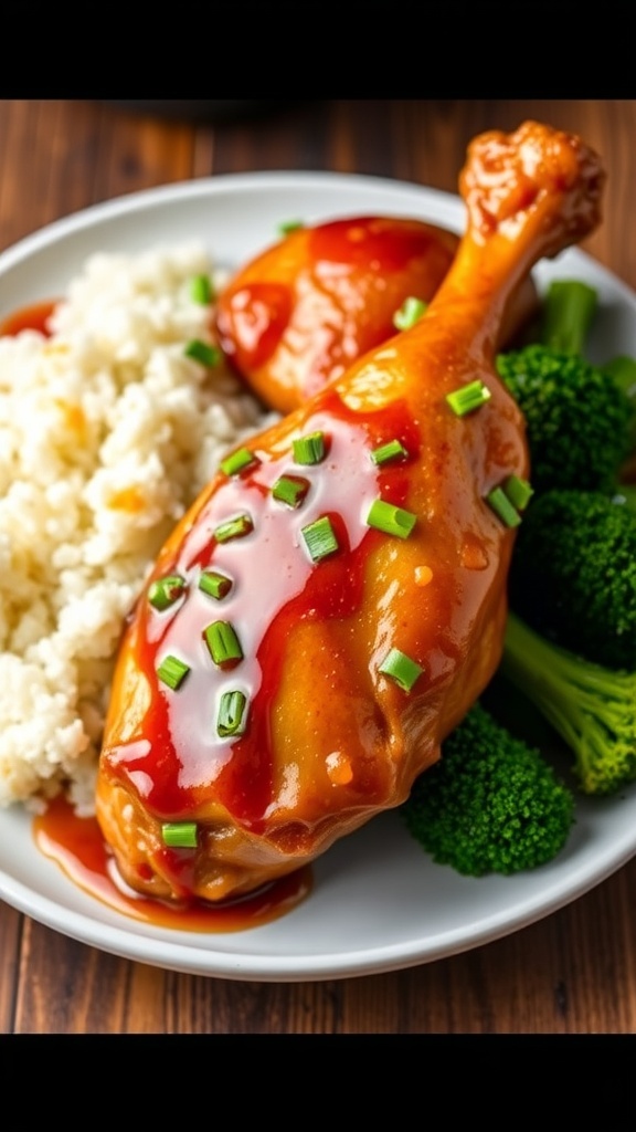 Honey garlic drumsticks on a plate with rice and broccoli, garnished with green onions.